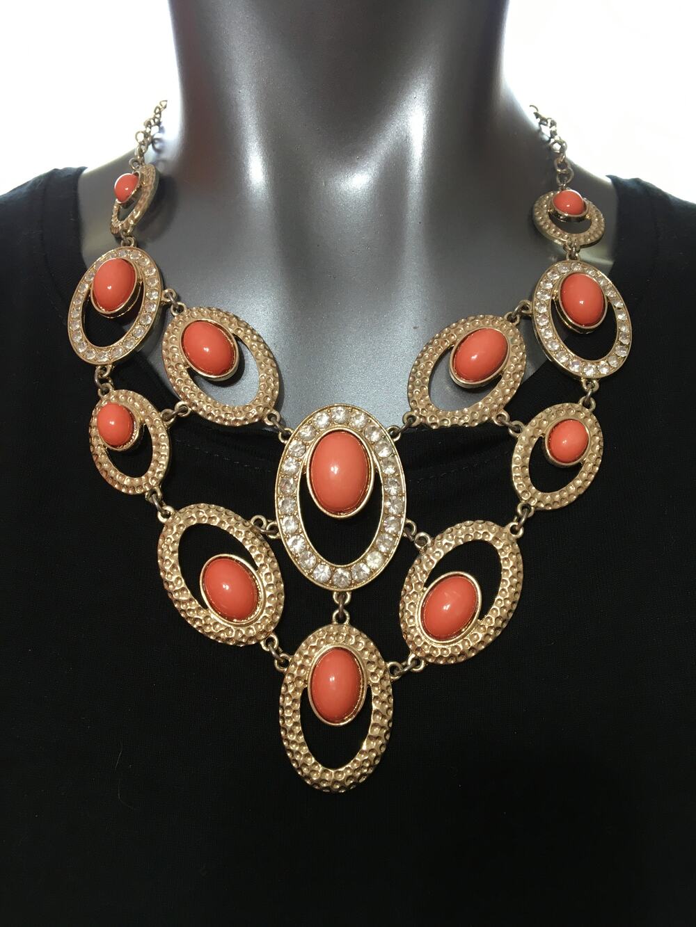 Etc Necklace Cleopatra Style Apricot Cabochons Stamped Gold Tone & Rhinestone